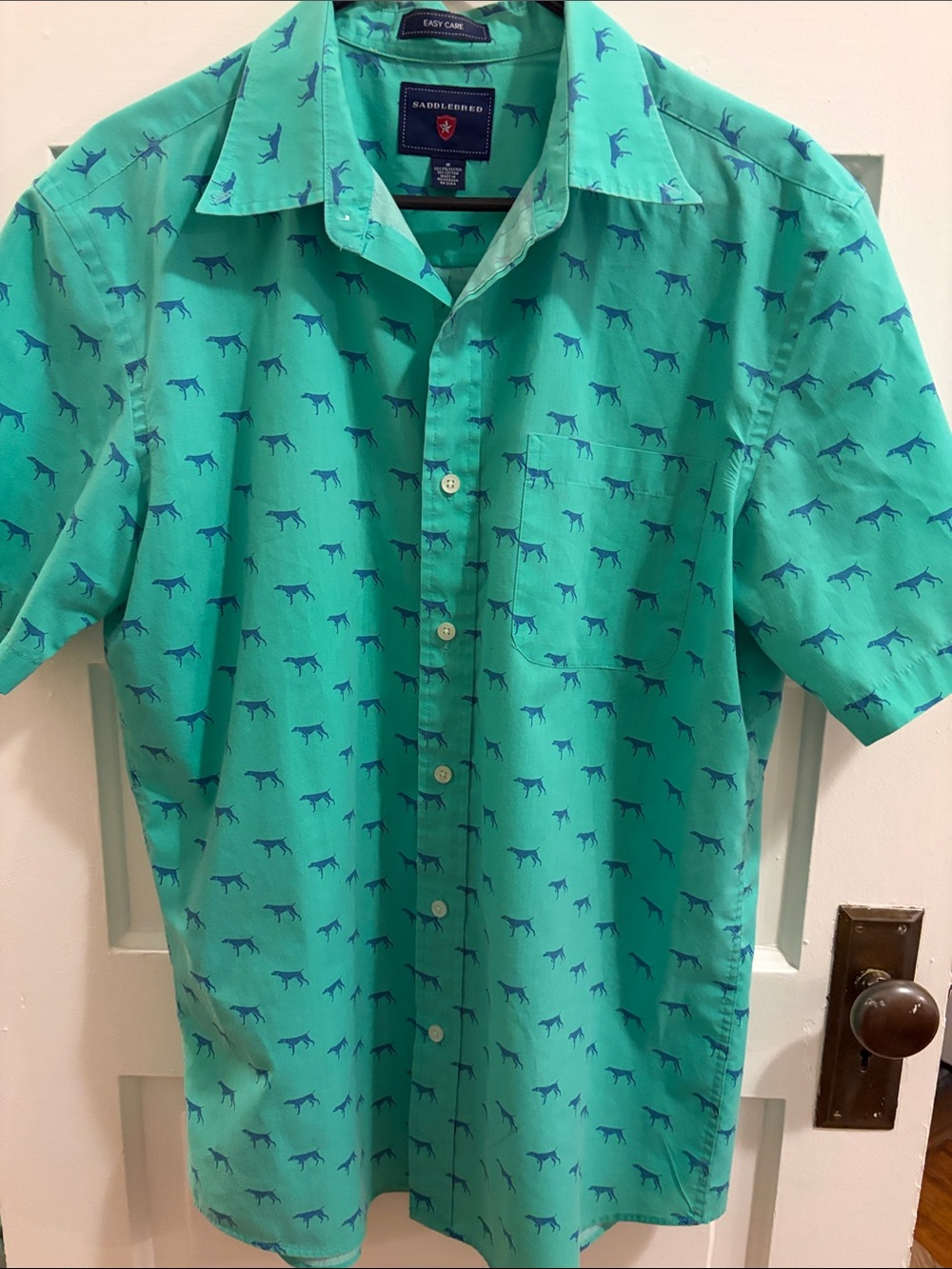 Saddlebred Teal Short-Sleeve Button-Down Shirt with Blue Dog Print